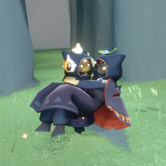 a picture of two sky children, the larger of the two carried by the smaller. they are both dressed as the stagehand, with cat-like hooks in a dark navy colour.